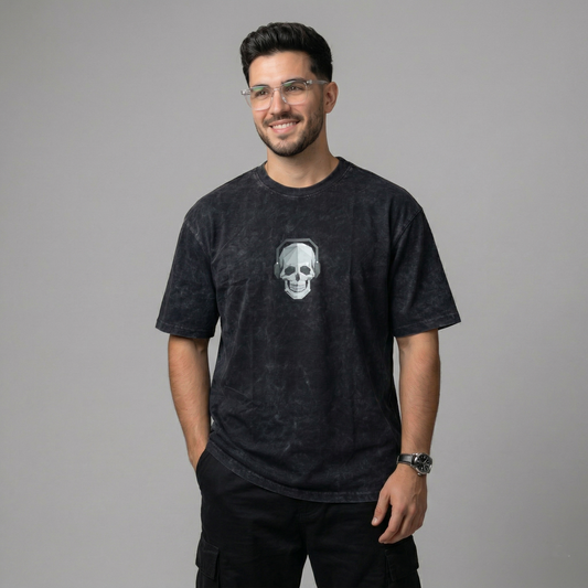 Black Acid Wash Oversized T-Shirt with Skull Chest Print