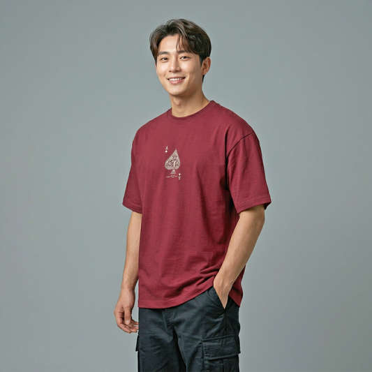 Maroon Oversized T-Shirt with Spade Card Chest & Back Print