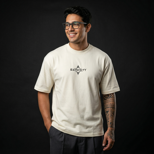 Off White Oversized T-Shirt with Serenity Chest Print