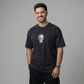 Black Acid Wash Oversized T-Shirt with Skull Chest Print