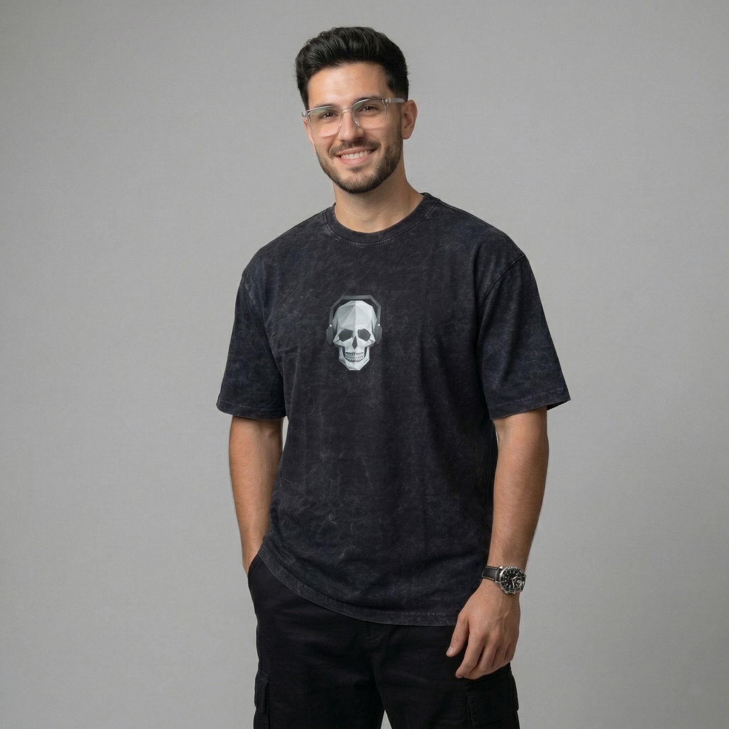 Black Acid Wash Oversized T-Shirt with Skull Chest Print