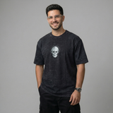 Black Acid Wash Oversized T-Shirt with Skull Chest Print