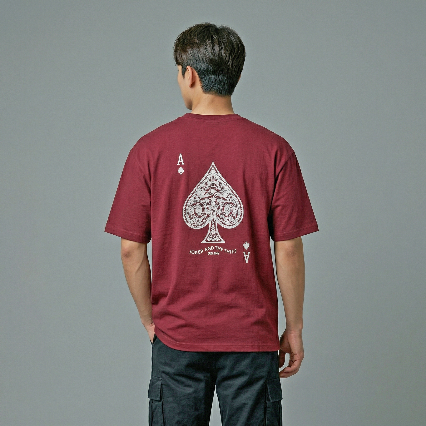 Maroon Oversized T-Shirt with Spade Card Chest & Back Print