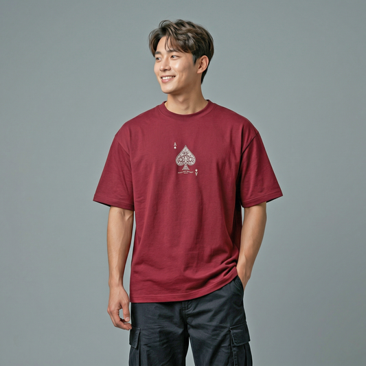 Maroon Oversized T-Shirt with Spade Card Chest & Back Print