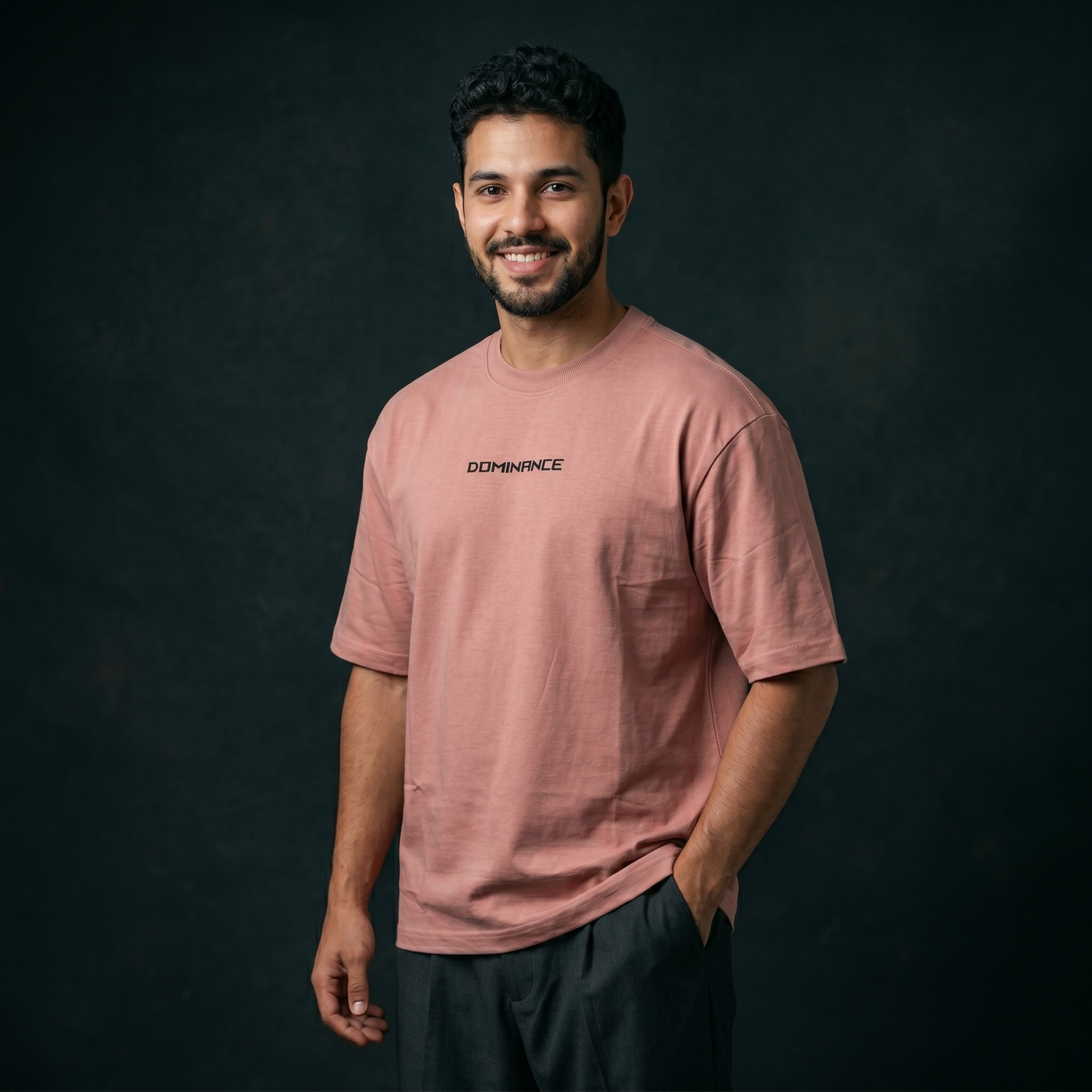 Light Pink Oversized T-Shirt with Dominance Chest Print & Angel Back Graphic