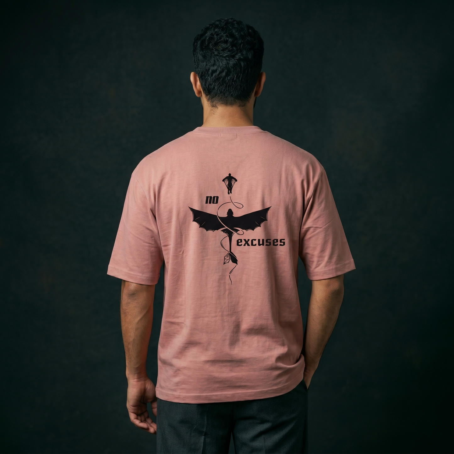 Light Pink Oversized T-Shirt with Dominance Chest Print & Angel Back Graphic