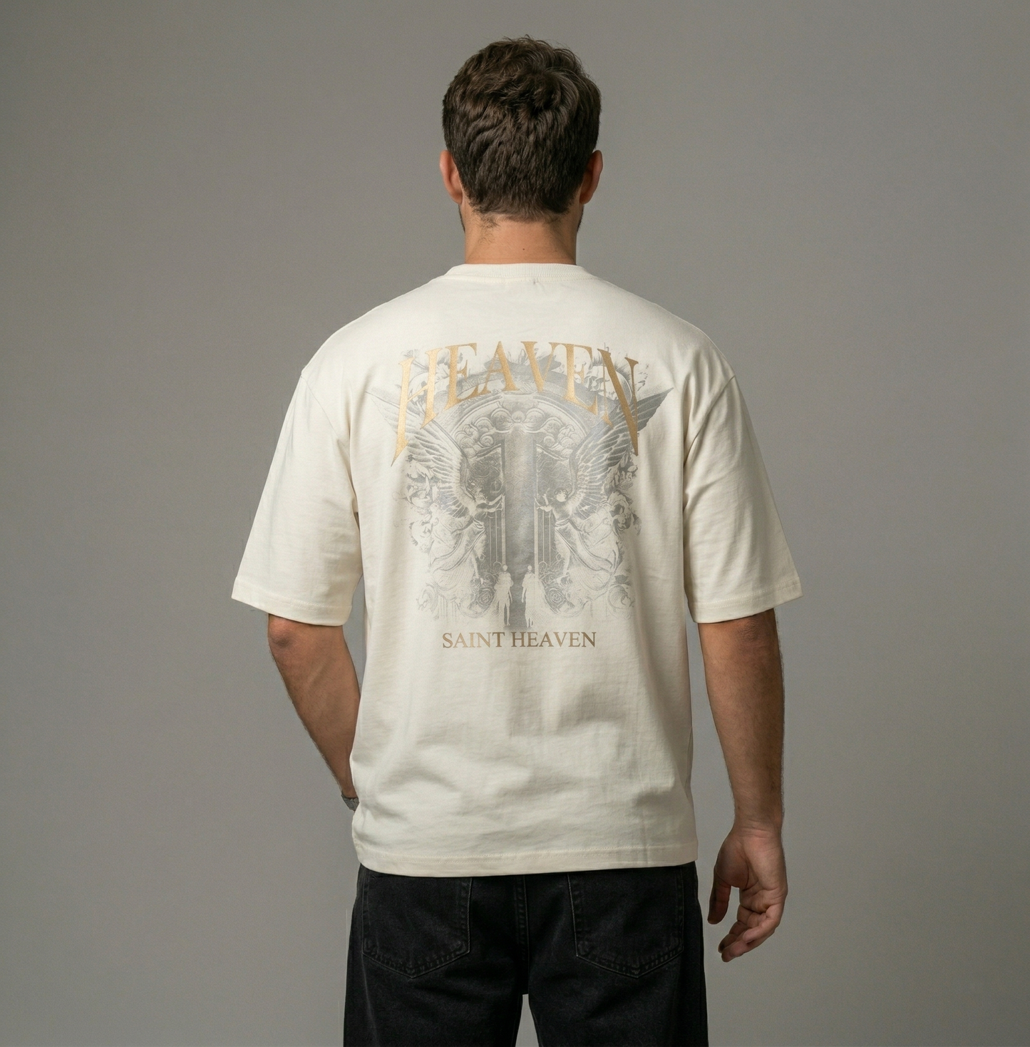 Off White Oversized T-Shirt with Saint Heaven Chest Print & Heaven Back Graphic