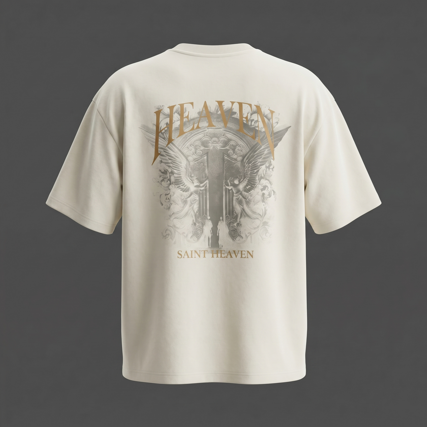 Off White Oversized T-Shirt with Saint Heaven Chest Print & Heaven Back Graphic